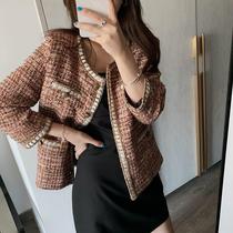 Korea counter 2021 Spring and Autumn new pink long sleeve tweed temperament wind short coat Korean version loose coat