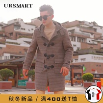 Horn buckle hooded wool coat mens 2021 Winter new padded English casual mens coat