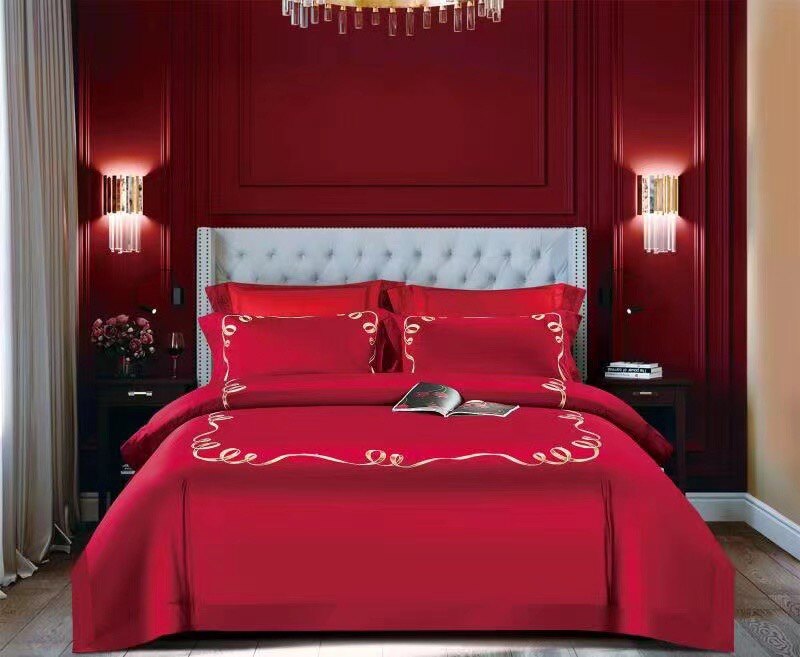 Fanghua 120 long suede cotton embroidery with four sets of wedding celebration large red bed products with high precision pure cotton high quality