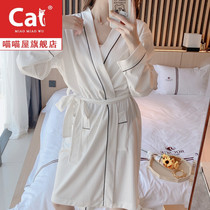 Nightgown female spring and autumn cotton long sleeve long knee Korean pajamas simple Net red sexy white lace bathrobe