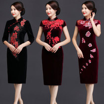 (Cheongsam broken code clearance)Embroidery gold velvet improved Mother-in-law wedding bride wedding mother-in-law dress