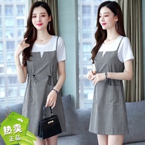 Hangzhou shorty straight plaid dress female 2021 summer strap skirt cotton stitching fake two-piece suit