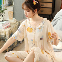 Cotton Silk Pyjamas Lady Summer Suit Short Sleeves Cute Sweet and Loose Cover Slim summer Miansilk Home Suits Women