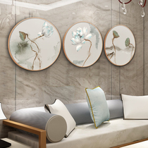 New Chinese Zen Lotus porch decorative painting round hand-painted oil painting Chinese style hanging corridor living room triple mural