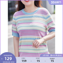 (Iced silk) MsShe big code womens dress 2022 new summer fit micro-fat mm rainbow striped magne short sleeve T-shirt