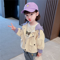 Girl hooded coat Spring and Autumn New 2021 childrens foreign style casual cotton cartoon baby Autumn short windbreaker