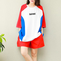 Cotton linen clothing high-end large size womens summer new youth sunshine red and white blue chest letter loose T-shirt