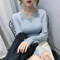 2020 Autumn New Korean version of foreign style lace stitching sweater female slim ice silk sweater bottoming coat