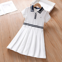 Girls Summer Liandress College Wind 2022 new children Skirt Pure Cotton Middle Child Short Sleeve Polo Skirt Polo Skirt