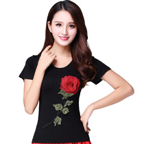 2020 New Square Dance Costume Summer Dance Clothing Middle-aged and Elderly Performance Clothes Rose Embroidery Short Sleeve Dancing Top