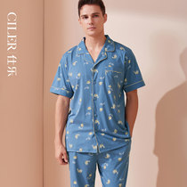 Shile men cotton casual loose spring summer soft breathable thin print home can wear pajamas suit