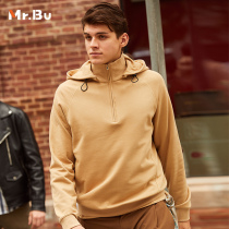Mr Bu pure cotton zipped long sleeve sweatshirt male autumn winter pure colour splicing connected hoodie man KT01261