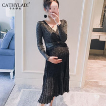 CATHYLADI brand spring dress 2020 New Long Sleeve V neck sexy pleated long dress solid color Medium-length dress