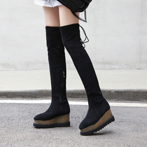 2021 autumn and winter new thick bottom boots women's side zipper knee boots sponge cake high heel square head stretch thin socks boots 41