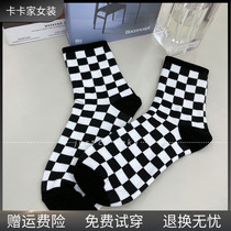 JUSCC Card Female dress Official flagship Korean version Winter 100 hitch black and white chessboard Gtall cylinder High Help full cotton socks