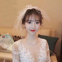 Cute bride Korean sweet three-layer irregular pearl veil short puff organza wedding travel short headdress
