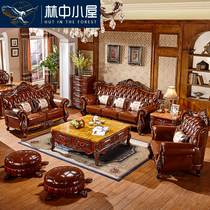 American leather sofa living room combination large apartment 123 Villa solid wood carved dark European vintage furniture