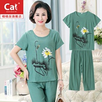 Middle-aged mother cotton and hemp pajamas womens summer short-sleeved half-pants thin linen cotton elderly home clothes large size can be worn outside