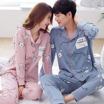 Pajamas womens spring and autumn couples long sleeves Korean version of cotton thin mens summer suit loose can wear home clothes Winter