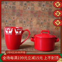 W1962 New Year Christmas red ceramic festive engraved deer mug handle with lid small baking bowl steamed Bowl