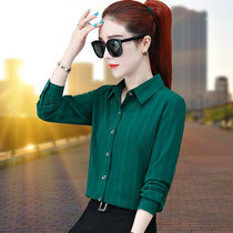 Green shirt women long sleeve small shirt 2021 Autumn New loose chiffon top professional striped shirt base shirt