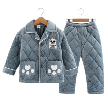 Childrens pajamas set winter boys three-layer thickened quilted boy middle-aged and older childrens coral fleece flannel home clothes