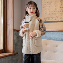 Childrens foreign jacket girl fur one lamb coat autumn and winter thick cotton coat European and American wool coat short