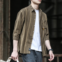 Japanese retro stripes seven-sleeve fresh shirt men and Korean edition of loose tide cotton shirt for men and women