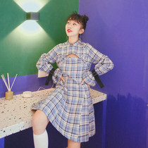 Huang Niuniu students original homemade Scotland on the bagpipescheckered plate buckle hollow cheongsam collar dress