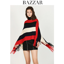 2021 Spring Summer New tassel loose turtleneck sweater cloak oblique irregular hem red black color striped shawl