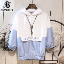  Japanese trend loose 5 five-point hooded short-sleeved t-shirt ins Korean version of the color alphabet popular fashion 7-body mens clothing