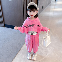 Girl Lian Hat Suit Fall 2021 New Children Foreign Air Tide Women Baby Long Sleeve Fake two weaters Three sets