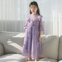 2021 summer Korean version of the childrens girls dress lace solid color long sleeve dress girls childrens dress INS princess dress