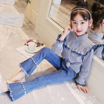 Girls soft jeans spring foreign quality slim 8 outside wear 9 years old 12 little girl 15 one velvet Joker pants