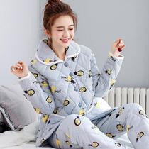 Winter womens long-sleeved inner and outer knitted cotton thickened three-layer padded jacket cotton pajamas large size suit home clothes