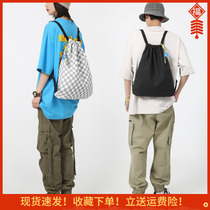 Drawstring plaid backpack mens ins Japan large capacity outdoor sports bundle pocket class bag storage bag womens tide