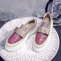 Womens shoes 2021 new single shoes womens Joker sequins a pedal loafing shoes thick-soled bow cake lazy shoes tide