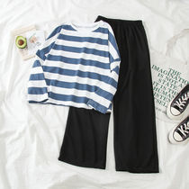 Single set 2021 autumn new fashion two-piece female student Korean ins ins wide leg pants long sleeve striped T-shirt