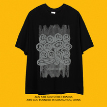 AWE GOD original national tide smiley face print short-sleeved T-shirt men and women summer dark high street loose couple tops