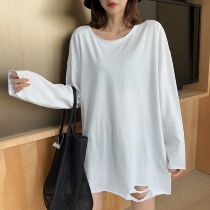 Autumn Winter Great Version Breaking Hole T Design Sense Loose Long Sleeve T-Shirt Woman White Pure Cotton Beating Undershirt Korean Version Big Code Blouse Tide