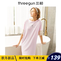 Three gun pajamas female 2021 spring and summer new draw dense cotton pleated chiffon nightgown skirt round neck short sleeve Womens Home dress