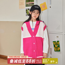 Girls sweater waistcoat 2022 springtime new knitted vest female great boy foreign air 100 lap college wind V collar blouse