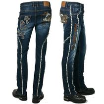 Spot new personality Korean embroidery Skeleton blue men slim Harley Knight motorcycle jeans trousers