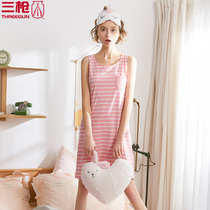 Three gun nightgown womens pajamas thin color strips Shu skin cotton round neck Lady vest style home dress cotton 70359