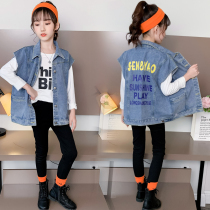 CUHK Girls Spring Autumn Clothing Denim Horse Chia 2022 New Foreign Air Outside Wearing Makclip Children Hans Version Easy Shoulder Tide