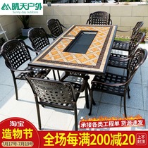Outdoor barbecue table and chair Cast aluminum household courtyard Garden terrace Outdoor smoke-free barbecue grill electric oven Leisure combination