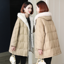 zqqz new whole mink mink fur collar fur goose down jacket women long temperament big brand thin coat 2101