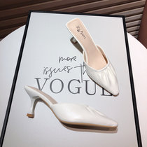 Baotou lazy person half slippers female outside wearing Korean version Summer new thin heel high heel mesh red sandals Custard Mueller Shoes