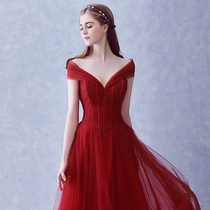 2021 new Korean long wedding dress slim-fit red one-shoulder dinner evening dress bride toast dress female