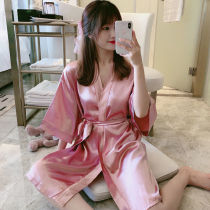 Han Chunqiu Sleeping Robe Girl Ice Silk Sleepwear Womens Summer Thin Section Day Ensemble White Sexy Little Lady Bathrobe Loose home clothes